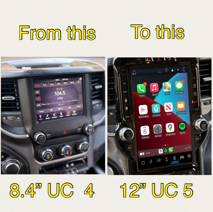2022-2024 RAM 2500/3500 UBQ Uconnect 5 Upgrade kit with 12-inch Touchscreen including Wireless Apple CarPlay / Android Auto