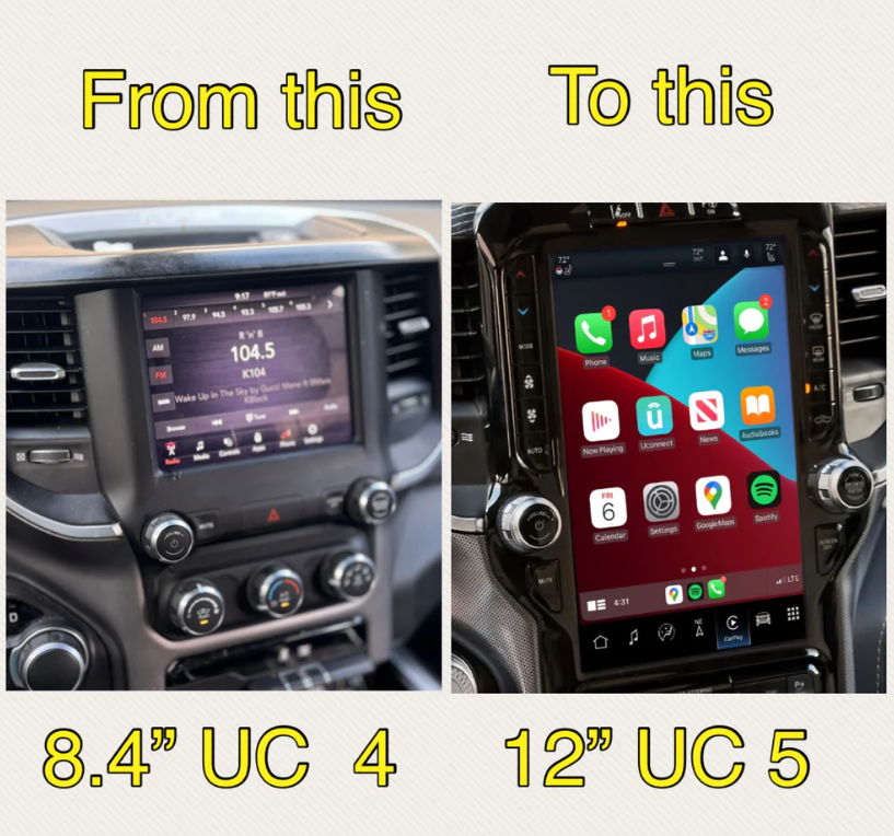 2022-2024 RAM 1500 UBQ Uconnect 5 Upgrade kit with 12-inch Touchscreen including Wireless Apple CarPlay / Android Auto